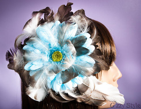 Feather Hair Fascinator - Blue, White & Brown/Black - Cruelty-Free - Duck Feathers - Bridal - Special Occasion - Free Shipping